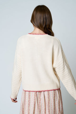 Floral Embroidery Contrast Stitch Cardigan