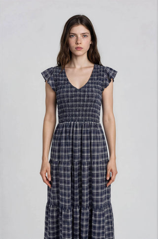 Plaid V Neck Smocked Midi Dress