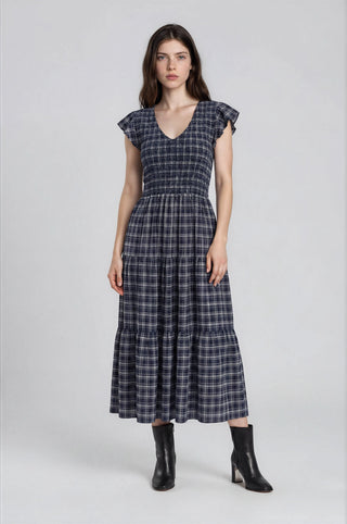 Plaid V Neck Smocked Midi Dress