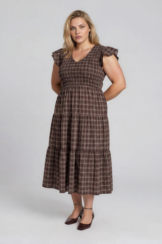 Curvy Plaid Smocked Tiered Midi Dress