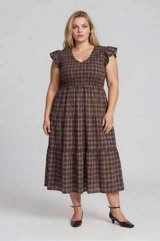Curvy Plaid Smocked Tiered Midi Dress