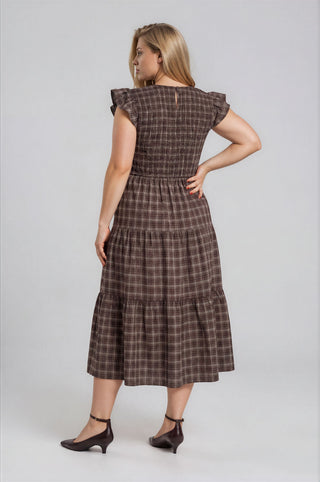 Curvy Plaid Smocked Tiered Midi Dress