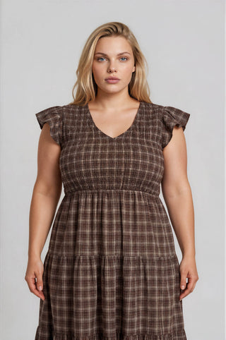 Curvy Plaid Smocked Tiered Midi Dress