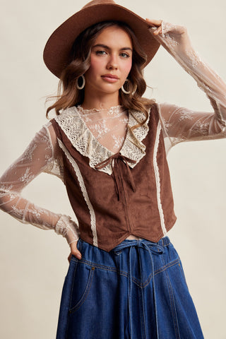 Western Lace Trim Faux Suede Vest