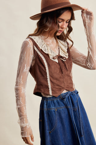 Western Lace Trim Faux Suede Vest