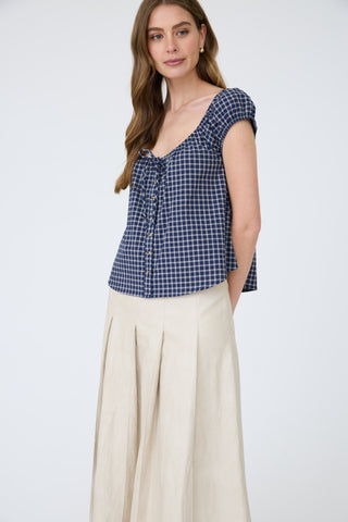 Plaid Front Tie Button Down SS Top