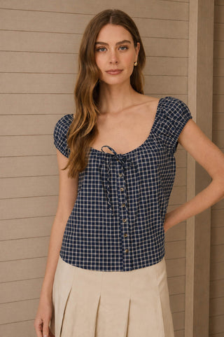 Plaid Front Tie Button Down SS Top