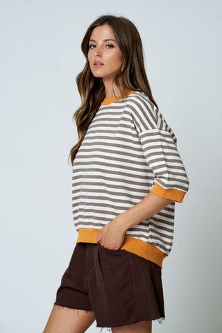Colorblock Trim Stripe Short Drop Sleeve Top