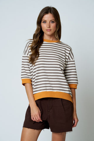 Colorblock Trim Stripe Short Drop Sleeve Top