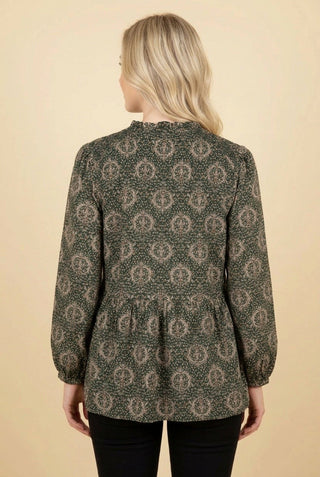 Olive Ornate Print Ruffle Tie-Neck Babydoll Tunic Top