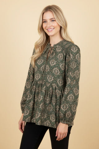 Olive Ornate Print Ruffle Tie-Neck Babydoll Tunic Top