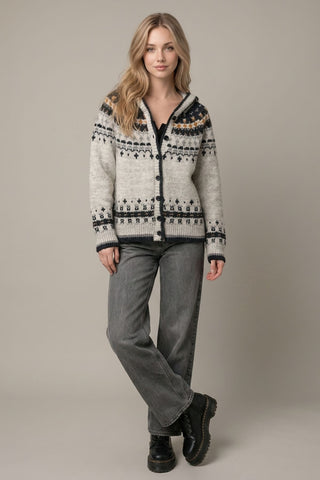 Lt Grey Abstract Intarsia Hooded Cardigan