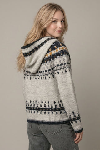 Lt Grey Abstract Intarsia Hooded Cardigan