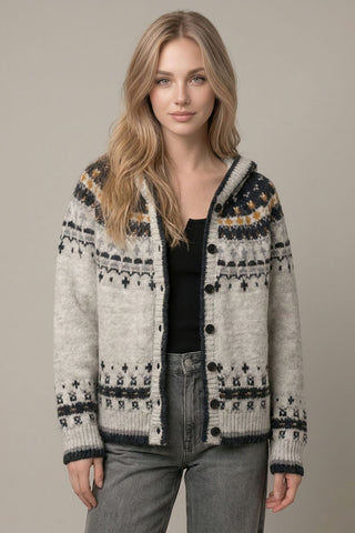 Lt Grey Abstract Intarsia Hooded Cardigan