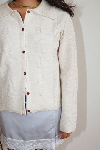 Floral Cable Knit Cardigan in Cream