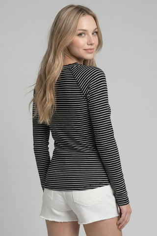 Striped Ruffled Lace-trim Henley Top