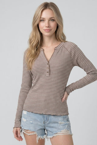 Striped Ruffled Lace-trim Henley Top