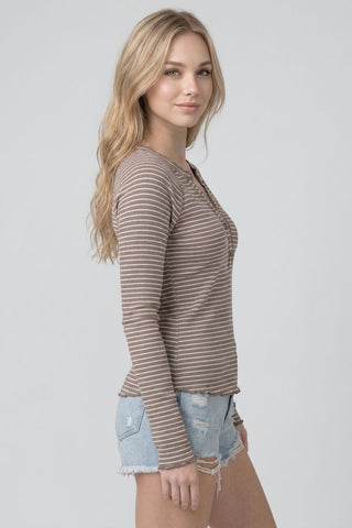 Striped Ruffled Lace-trim Henley Top