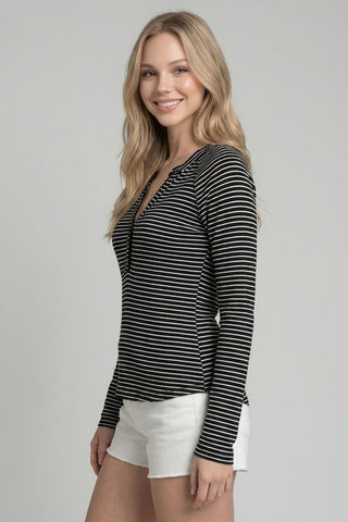 Striped Ruffled Lace-trim Henley Top