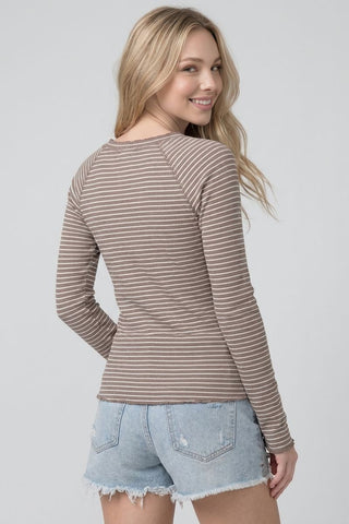 Striped Ruffled Lace-trim Henley Top