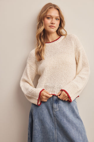 Contrast Trim Cropped Bouclé Sweater