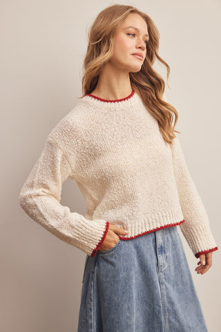 Contrast Trim Cropped Bouclé Sweater