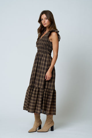 Plaid Smocked V Neck Button Down Dres