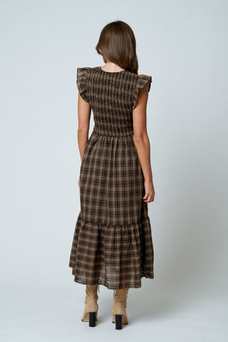 Plaid Smocked V Neck Button Down Dres
