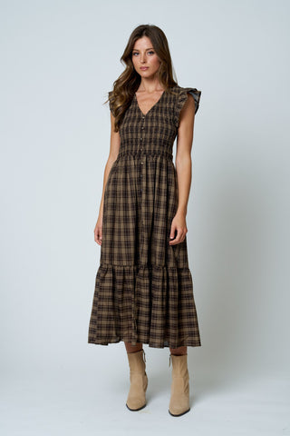 Plaid Smocked V Neck Button Down Dres