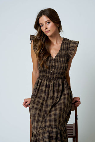 Plaid Smocked V Neck Button Down Dres