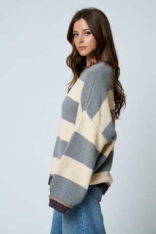 Oversized Stripe Crew Neck LS Sweater