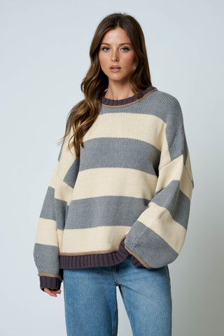 Oversized Stripe Crew Neck LS Sweater