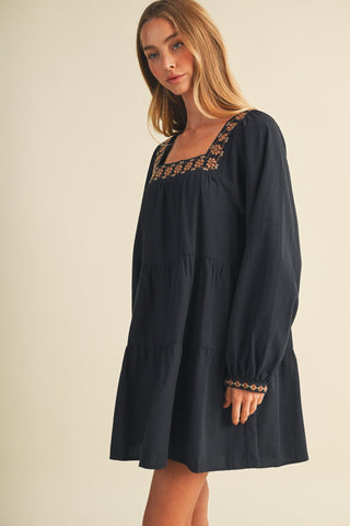 Square-neck Embroidered Tiered Mini Dress