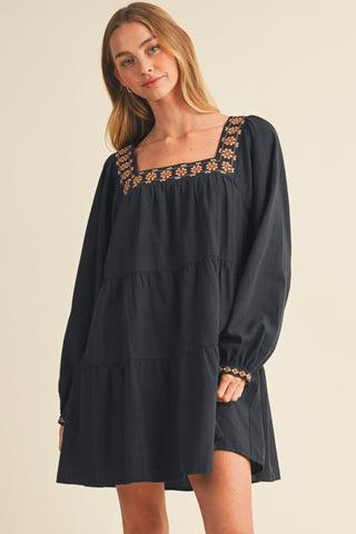 Square-neck Embroidered Tiered Mini Dress