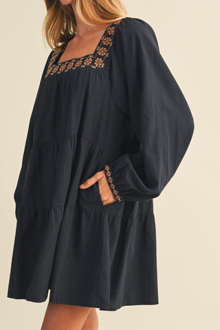 Square-neck Embroidered Tiered Mini Dress