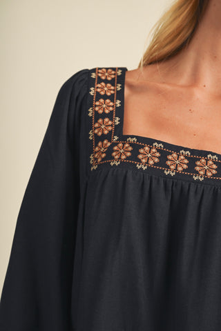 Square-neck Embroidered Tiered Mini Dress