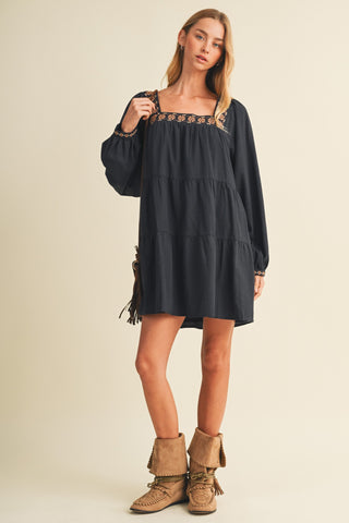 Square-neck Embroidered Tiered Mini Dress