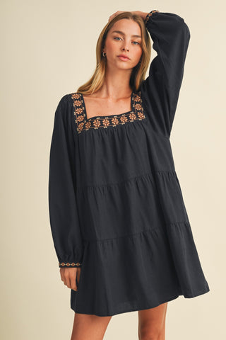 Square-neck Embroidered Tiered Mini Dress