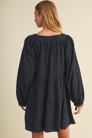 Square-neck Embroidered Tiered Mini Dress