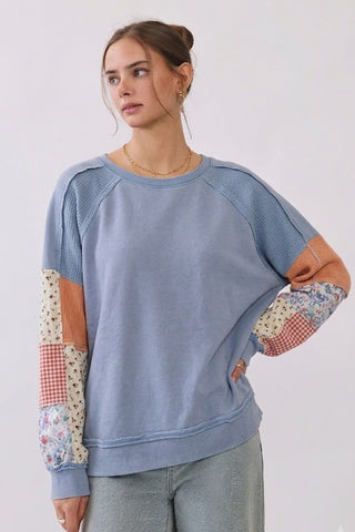 Curvy Contrast Raglan Mixed Media Sweatshirt in dusty blue with patchwork sleeves