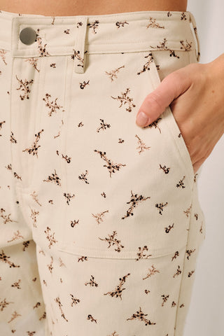 Cream Floral HR Straight Twill Pants