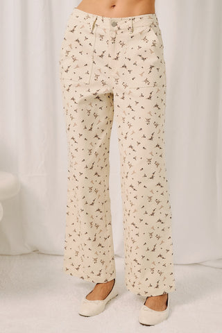 Cream Floral HR Straight Twill Pants