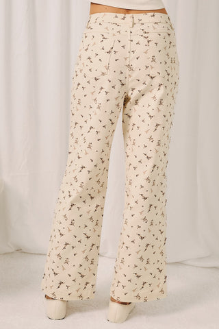 Cream Floral HR Straight Twill Pants