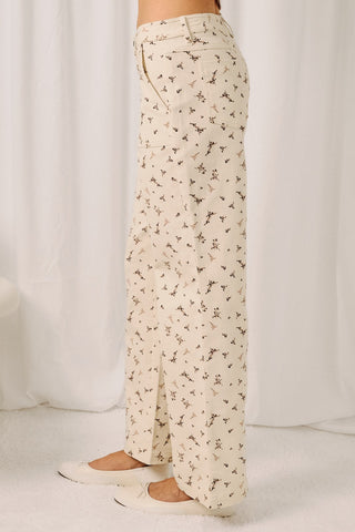 Cream Floral HR Straight Twill Pants