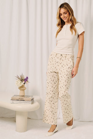 Cream Floral HR Straight Twill Pants