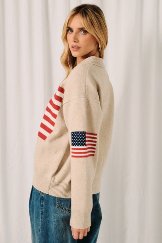 Collared LS Usa Flag Zip Up Sweater
