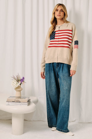 Collared LS Usa Flag Zip Up Sweater