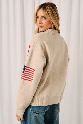 Collared LS Usa Flag Zip Up Sweater