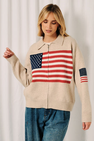 Collared LS Usa Flag Zip Up Sweater