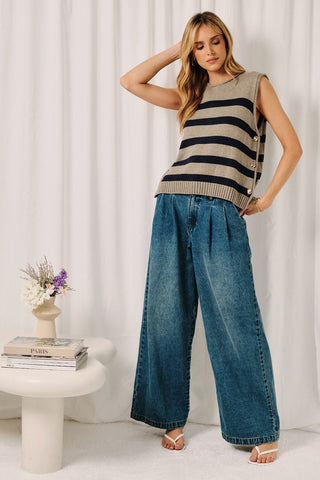 Boxy Striped Sweater Vest Side Buttons